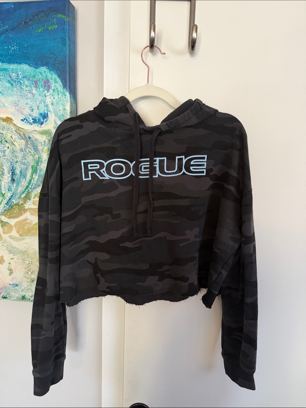 Rogue Black Camo Cropped Hoodie with Light Blue Logo